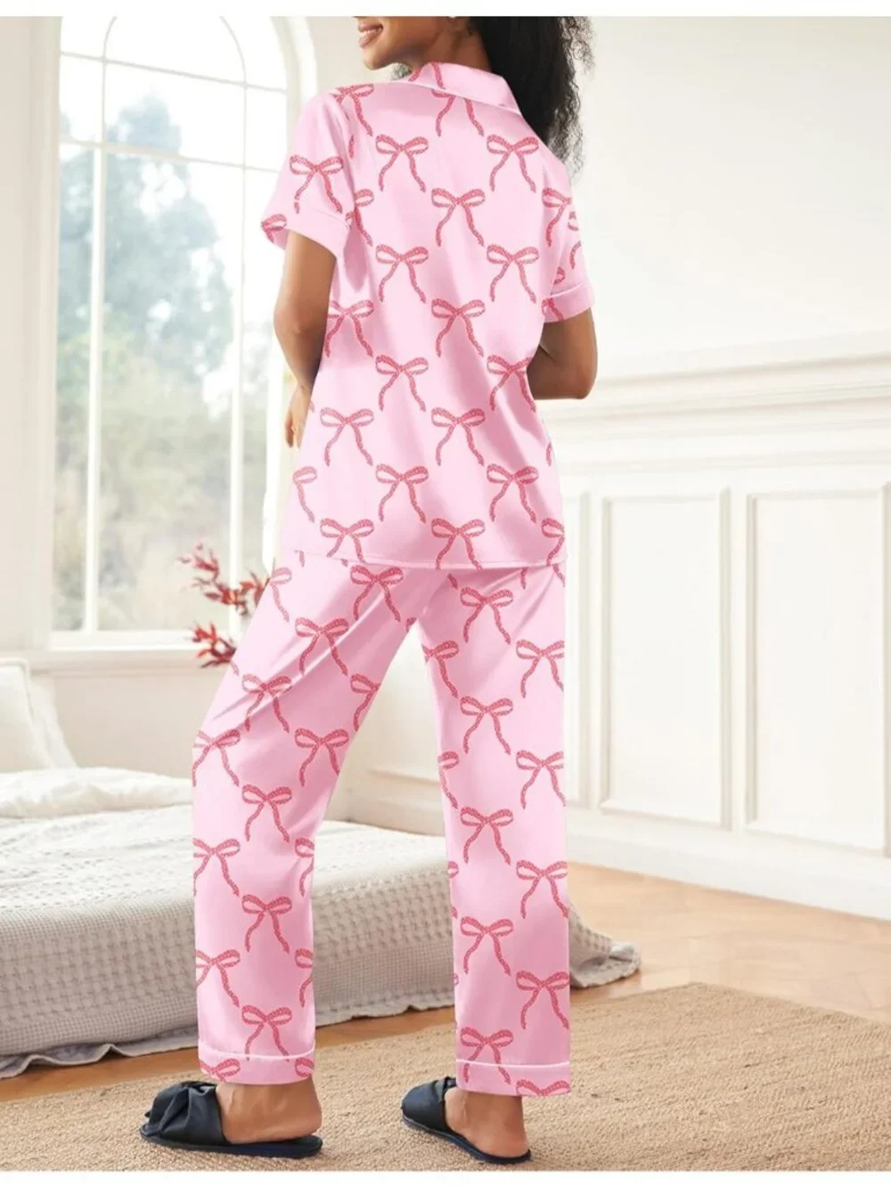 Women Pink Silky Short Sleeve Button Down Loungewear Pajama Set